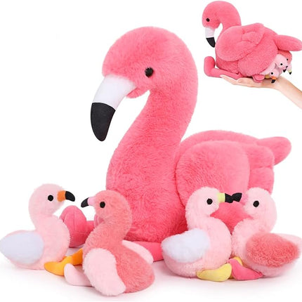 MorisMos Plush Flamingo Stuffed Animal-18 Inch Mommy Stuffed Flamingo with 4 Baby Bird Plush Toys Inside Zipper Tummy, Pink Bird Stuffed Animals Gift for Girl Women Decor Birthday Christmas Valentines