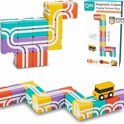 QBI Magnetic Blocks STEM Toys for Toddlers Aged 1+ Year Old Boys & Girls｜3D Colorful Magnetic Building Blocks with School Bus｜Magnet Block for Kids｜Educational & Montessori Preschool Kids Toy (13PCS)