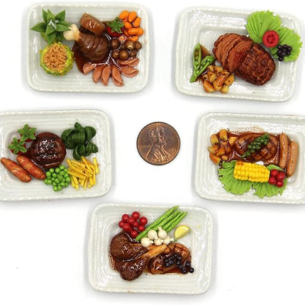 Lovely Mixed 5 Assorted Prime Meat Lovers Grilled, Steak, with Appetizer Dish Dollhouse Miniature Food, Tiny Food for Collectibles, Compatible with Barbie Dollhouse and Diorama Scale 1:6, 1/6