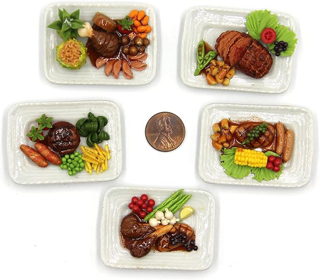Lovely Mixed 5 Assorted Prime Meat Lovers Grilled, Steak, with Appetizer Dish Dollhouse Miniature Food, Tiny Food for Collectibles, Compatible with Barbie Dollhouse and Diorama Scale 1:6, 1/6