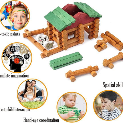 Wondertoys 170 Pieces Wood Logs Set Ages 3+, Classic Building Log Toys for Boy, Creative Construction Engineering Educational Gifts