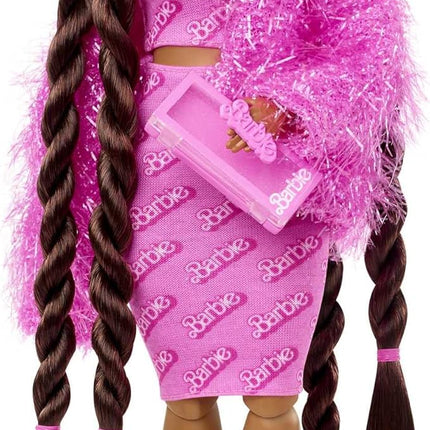 Barbie Extra Doll & Accessories with Long Brunette Styled Hair in Pink 2-Piece Outfit with Sparkly Jacket & Pet Puppy