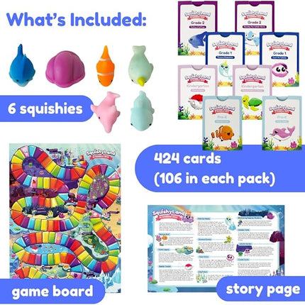 The Fidget Game SquishyLand in Rainbow Reef - Educational & Phonics Learning Activities for Children in Pre-K to 2nd Grade - Mochi Squishy Toys Set with Board Game (2-6 Players) & Card Packs Included