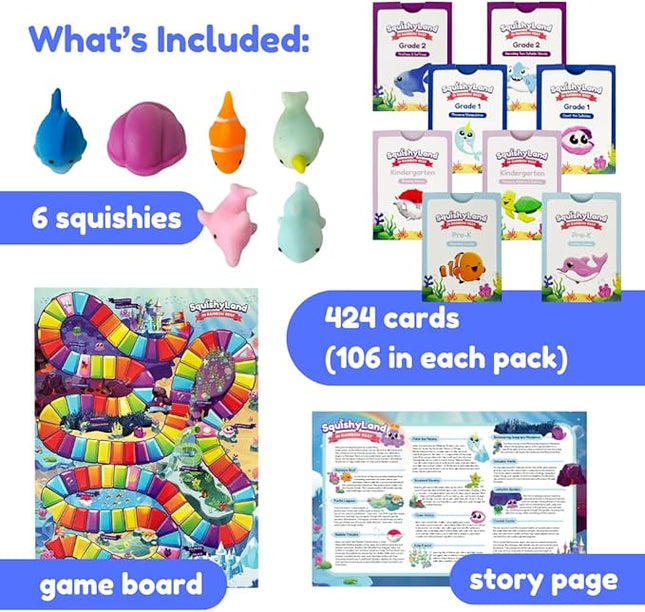 The Fidget Game SquishyLand in Rainbow Reef - Educational & Phonics Learning Activities for Children in Pre-K to 2nd Grade - Mochi Squishy Toys Set with Board Game (2-6 Players) & Card Packs Included