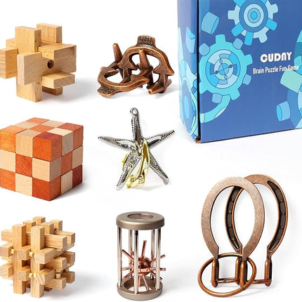 7 Pieces Cool Mind Puzzles Unlock Interlock Brain Teaser Games for Adults and Kids Wooden and Metal Puzzles IQ Logic Fun Puzzle Box