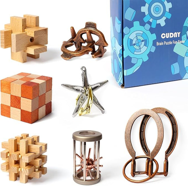 7 Pieces Cool Mind Puzzles Unlock Interlock Brain Teaser Games for Adults and Kids Wooden and Metal Puzzles IQ Logic Fun Puzzle Box
