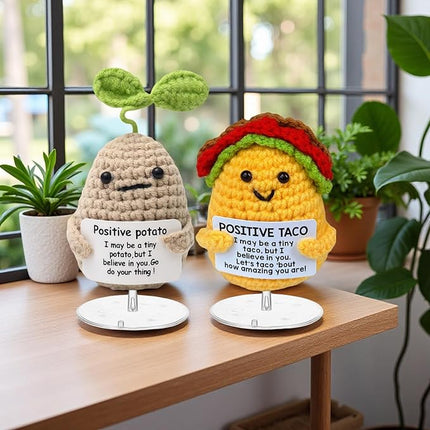 Mini Positive Cute Funny Life Potato and Taco Crochet Emotional Support Crochet Knitted Holding Card Crochet Birthday Christmas Girls Gifts Party Office Desk Decor