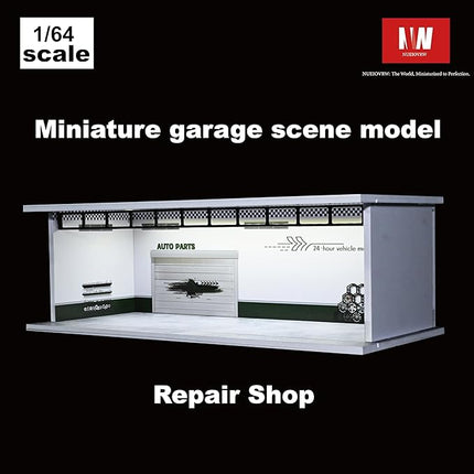 Display Case for Hot Wheels,Diorama 1/64 Scale Car Garage Model with LED Lights and Acrylic Cover, Stackable Car Parking Lot Model,Diecast Car Display Case(Repair Shop)