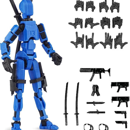 Pre-Assembly 3D Printed 5.54'' Dummy13 Action Figure, Multi-Jointed Tian13, Articulated T13 Desktop Decoration,12 in 1 Accessories, Best Birthday Festival Gift (Blue+Black)