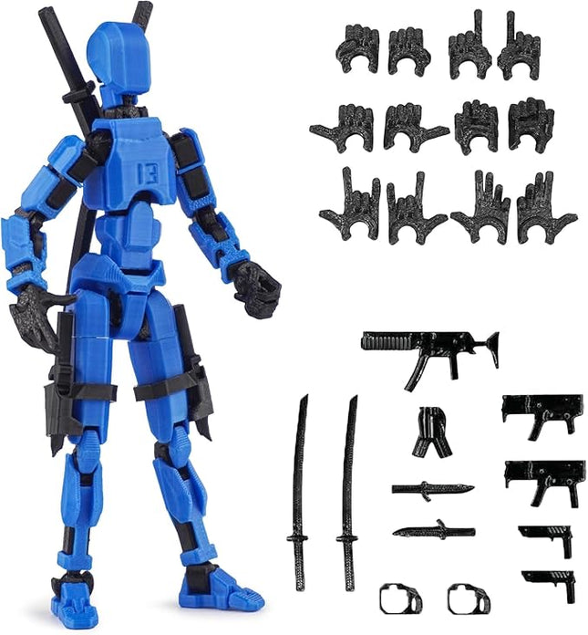 Pre-Assembly 3D Printed 5.54'' Dummy13 Action Figure, Multi-Jointed Tian13, Articulated T13 Desktop Decoration,12 in 1 Accessories, Best Birthday Festival Gift (Blue+Black)