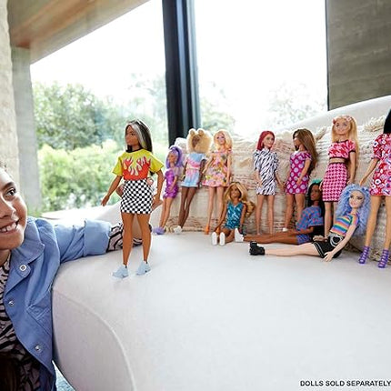 Barbie Fashionistas Doll #177 with Long Black Hair & Color Block Floral Dress & Accessories Including Strappy Purple Heels & Butterfly Ring