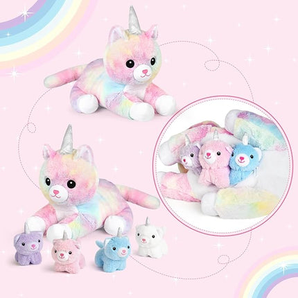 KMUYSL Toys for Ages 3 4 5 6 7 8+ Years - Plush Mommy Stuffed Animal with 4 Babies in Her Tummy, Soft Plush Toys Set, Christmas Birthday Gifts for Girls Boys Baby, Toddler, Kids (Unicorn Cat Toys)