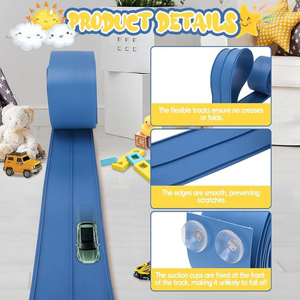 15 Ft Flexible Race Track for Kids with Hot Wheels, Matchbox with Suction Cups Compatible, Diecast 1/50th Toy Cars Rolls Up Portable Race Track Cobalt Blue