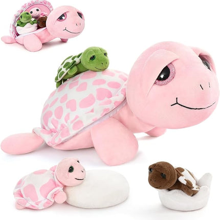MorisMos Sea Turtle Stuffed Animal with Babies,14 in Mommy Turtle with 3 Baby Turtles Toys, 2 Plush Eggs inside Belly Pouch,Big-Eyed Stuffed Animal for Toddlers Kids,Pink Tortoise Gifts for Girls Boys