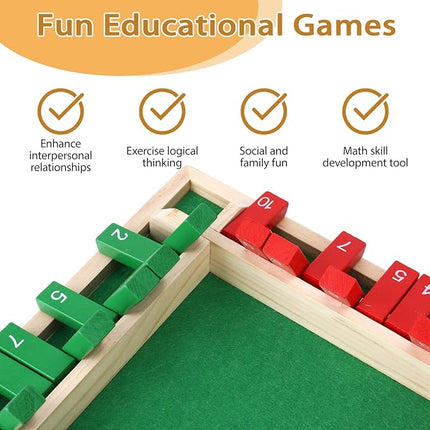 2 Pcs Shut The Box Game Wooden, Close Shut The Box Game for 2-4 Player Adults, Math Sequence Dice Plunder Board Games with 16 Dice, 4-Sided 10 Number Table Games for Family Classroom Home Party Pub