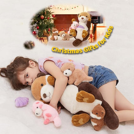 MorisMos 5Pcs Sea Otter Stuffed Animal with Babies,23.6'' Giant Mommy Stuffed Otter with 3 Babies & Plush Seashell, Boy Girl Sea Toys for Kids 3-5 Birthday Christmas Decor