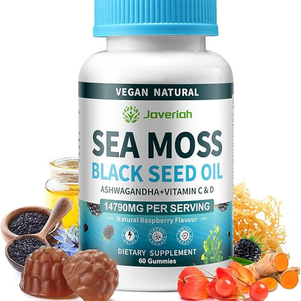 Vegan Ashwagandha Sea Moss Gummies - Black Seed Oil, Vitamin C&D for Immune Support, Digestive, Antioxidant 13 in 1 Bundle, Sea Moss Chlorophyll Advanced Strength Formula 60 Gummies
