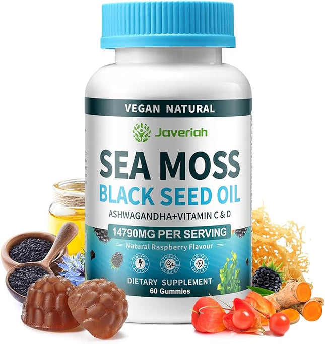 Vegan Ashwagandha Sea Moss Gummies - Black Seed Oil, Vitamin C&D for Immune Support, Digestive, Antioxidant 13 in 1 Bundle, Sea Moss Chlorophyll Advanced Strength Formula 60 Gummies