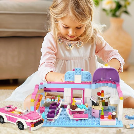 BRICK STORY Girls Friends Hair Salon Building Kit with 2 Mini People 5 Dolls Hair Pretend Play Set for Kids 358 Pieces with a Pink Convertible Car Gift Idea for Birthday for Girls Age 6-12 8-12