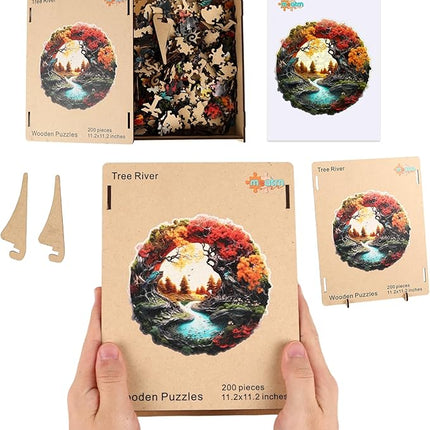 Tree River 200 Pieces Wooden Puzzles for Adults - Autumn Landscape Jigsaw Puzzle with Colorful Trees and Flowing River, Family Night Fun & Thanksgiving Gifts, 11.2x11.1 in