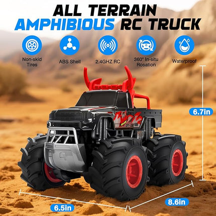 Remote Control Monster Truck Toys, 1:16 Amphibious Waterproof RC Car, 2.4GHz 4WD All Terrain Toys with 2 Rechargeable Batteries, Off-Road Truck Gifts for 6 7 8 9 10 11 12 Year Old Boys