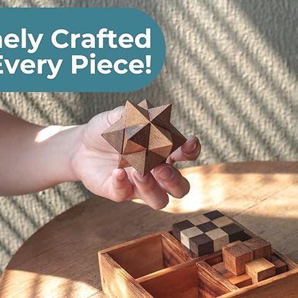 BSIRI Wooden Puzzle Box Set (4 Games) - Challenging Brain Teasers 3D Puzzles for Adults, Interlocking Games for IQ Test. Ideal for Rustic Patio Decor, Unique Gift for Christmas and Birthdays