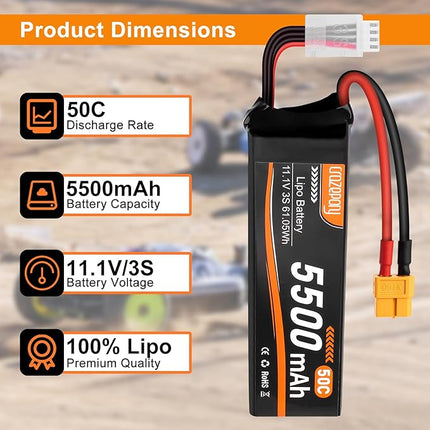 Crazepony 3S Lipo Battery 5500mAh 11.1V 50C RC Battery with XT60 Connector for RC Car Truck Airplane Helicopter Plane Quadcopter Boat Racing