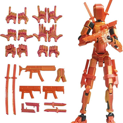 Pre-Assemly 3D Printed 5.54'' Stick Tian 13 Action Figure, Multi-Jointed Robo13, Articulated T13 Desktop Decoration,12 in 1 Accessories, Best Birthday Festival Gift (Red Gold)