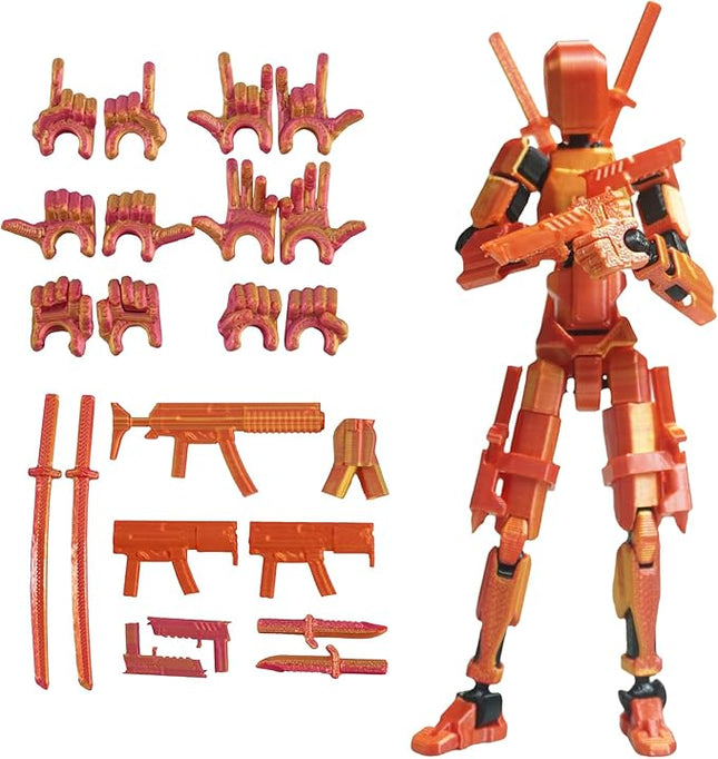 Pre-Assemly 3D Printed 5.54'' Stick Tian 13 Action Figure, Multi-Jointed Robo13, Articulated T13 Desktop Decoration,12 in 1 Accessories, Best Birthday Festival Gift (Red Gold)