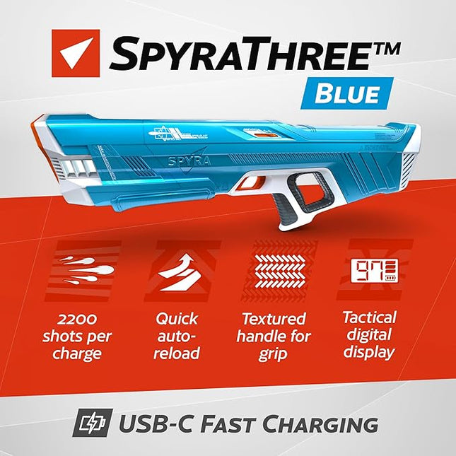SPYRA Electric Water Blaster, Outdoor Squirt Gun for Pool Games, SpyraThree™, Blue - Automatic Water Blast Guns for Beach, Backyard, Patio, and Garden