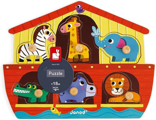 Janod 6 Piece Noah’s Ark Puzzle Themed Wooden Peg Colorful Jigsaw Puzzle - Encourages Shape Recognition, Dexterity, and Language Development - Preschool Kids and Toddlers 18 Months+