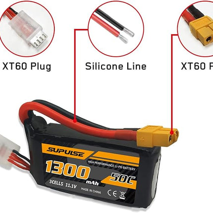 SUPULSE 11.1V 3S Lipo Battery 50C 1300mAh Soft Case Battery with T Plug and XT60 Plug for RC Airplane Helicopter RC Boat RC Car Truck(2 Packs)