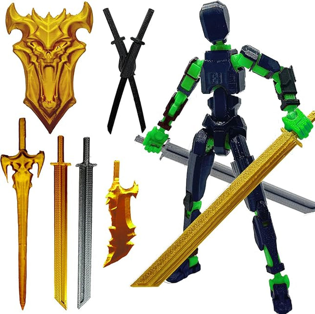3D Printed 5.54-inch Multi-Jointed Action Figures Dummy13, Full Body Mechanical Movable Toy, Multiple Accessories, Hand Painted Figure, Desk Decoration, Creative Gifts (A-Black 2)