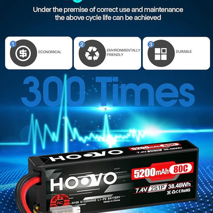 HOOVO 2S 7.4V 5200mAh 80C RC LiPo Battery Hard Case with T Connector for RC Buggy Vehicles Car Boat Truck (2 Pack)