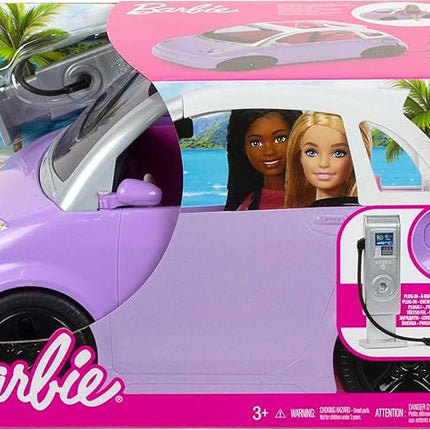 Barbie Doll Accessories, Toy Car Electric Vehicle with Charging Station, Plug & Sunroof, Purple 2-Seater Transforms into Convertible