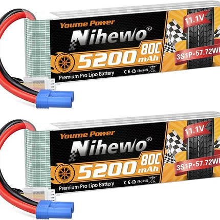 2Packs 3S Lipo Battery, RC Lipo Battery 11.1V 5200mAh 80C EC5 Connector Compatible with Arrma Axial 1/8 1/10 RC Car Truck Truggy Vehicles Tank Boat Airplane Helicopter Models