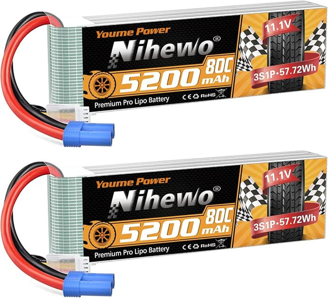 2Packs 3S Lipo Battery, RC Lipo Battery 11.1V 5200mAh 80C EC5 Connector Compatible with Arrma Axial 1/8 1/10 RC Car Truck Truggy Vehicles Tank Boat Airplane Helicopter Models