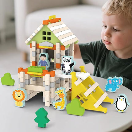 136PCS Wooden Building Blocks Set for Toddlers, Construction City Stacking Toys, Preschool Learning Educational Toys for Kids 3+ Years Girls and Boys (Zoo)