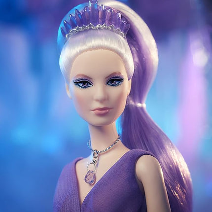 Barbie Crystal Fantasy Collection Amethyst Doll (13-in, Platinum Hair) with Genuine Amethyst Stone Necklace, Wearing Gown and Accessories, Gift for Collectors