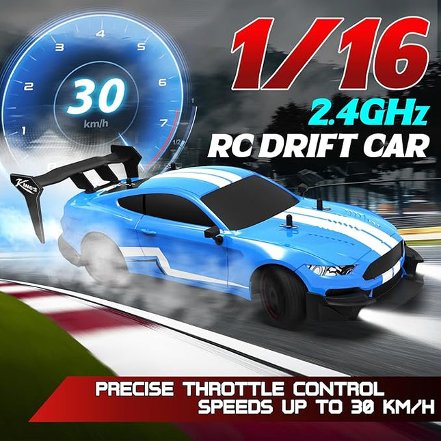 Remote Control Car RC Drift Car 1:16 Scale 4WD RC Vehicle with Spray, Cool Lights, 2.4GHz 30km/h RTR High Speed Racing Sport Toy for Adults Boys Girls Kids Gift 2Pcs Rechargeable Battery