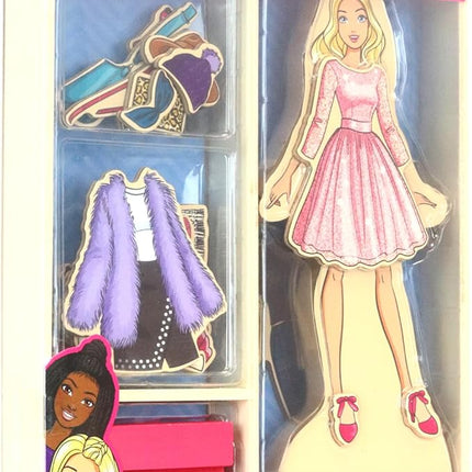 Barbie Magnetic Wooden Dress Up Toy – Pretend Play Set with Wooden Barbie Doll, Mix & Match Outfits & Storage Box – Educational Magnetic Toy for Girls Ages 3+