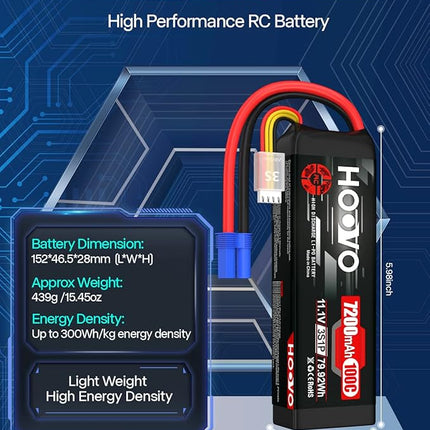 HOOVO 3S 11.1V LiPo Battery 7200mAh 100C RC Battery Softcase EC5 Plug for 1/10 & 1/8 Scale Vehicles VXL RC Cars Boats Planes Drones.