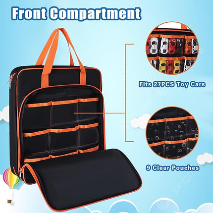 Toy Cars Carrying Case Compatible with Hot Wheels, Portable Car Toy Storage Bag for 1/64 Scale Toy Cars, Matchbox Cars, Dolls, Mini Toys, Storage Bag Only (Orange)