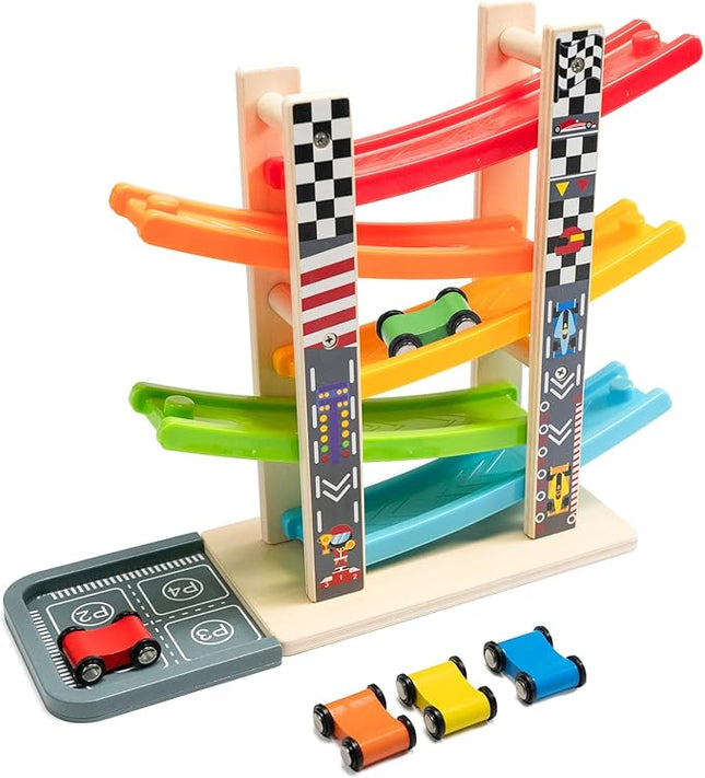 WOOD CITY Toddler Toys for 1 2 3 Years Old, Wooden Car Ramp Racer Toy Vehicle Set with 5/7 Mini Cars & Race Tracks, Montessori Toys Craft Gift for Toddlers Boys and Girls (ramp Racer-5 Layers)