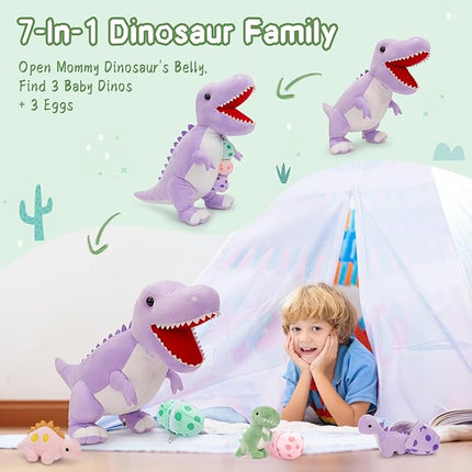 MorisMos Dinosaur Stuffed Animal with Babies,23.6'' Big Mommy Stuffed Dino T-rex with 3 Baby Dino Toys & Eggs Plush Inside Belly,Boy Girl Dinosaur Toys for Kids Birthday Gift,Purpel T-rex Party Decor