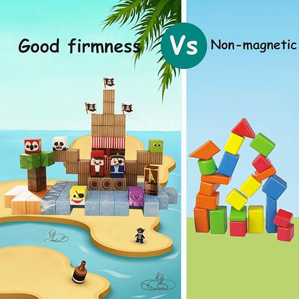 Magnetic Blocks Pirate Ship Magnet Cubes 100Pcs Montessori Building Block Sets STEM Sensory Construction Toys for Boys Girls Ages Kids 3-12 Birthday Party Gifts