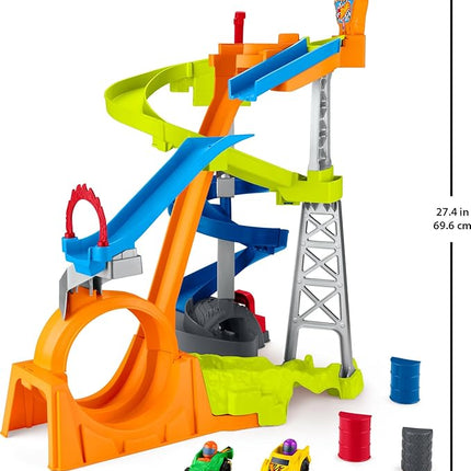 Fisher-Price Little People Toddler Toy Hot Wheels Spiral Stunt Speedway Race Track Playset with 2 Cars for Pretend Play Kids Ages 18+ Months