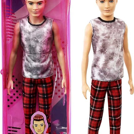 Barbie Ken Fashionistas Doll #176 with Sculpted Brunette Ombre-Tipped Hair Wearing a Sleeveless Tie-dye Shirt, Red Plaid Pants & Black Boots, Toy for Kids 3 to 8 Years Old