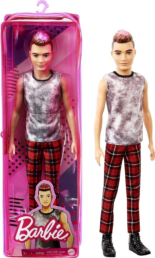 Barbie Ken Fashionistas Doll #176 with Sculpted Brunette Ombre-Tipped Hair Wearing a Sleeveless Tie-dye Shirt, Red Plaid Pants & Black Boots, Toy for Kids 3 to 8 Years Old