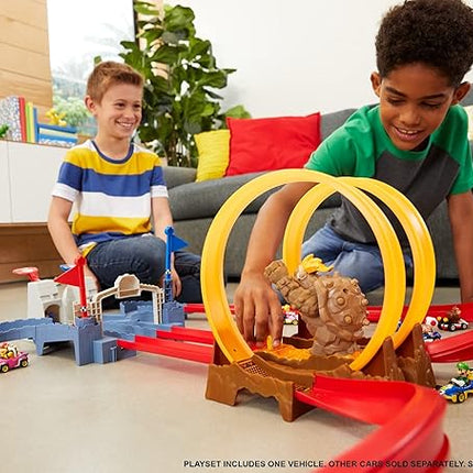 Hot Wheels Mario Kart Bowser’s Castle Chaos Modular Track with Side by Side Racing Lap Flags and Bowser Figure Connects to Other Sets Gift idea for Ages 3 Years and Older